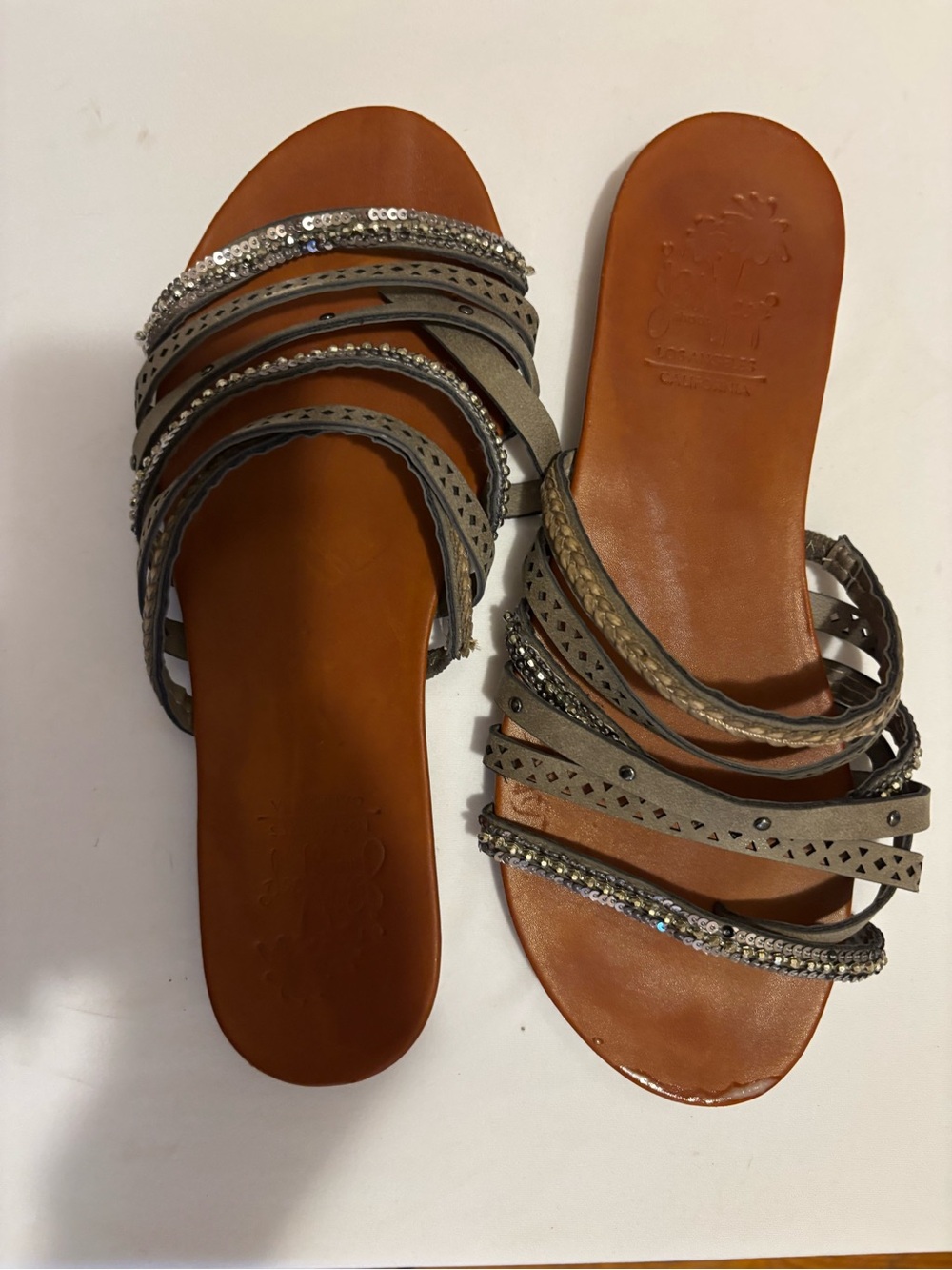 Jellypop Gray Multi-Strap Slide Sandals with Crystal Trim